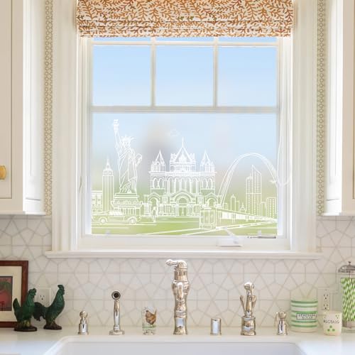 dktie Fensterfolie Sichtschutzfolie Dekorative Fensterfolie Mit Weiße Stadtgebäude Blickdichte Milchglasfolie Statisch haftend, Ohne Kleber, UV-Schutz, Sichtschutz, Blendschutz 90x200cm von Dktie