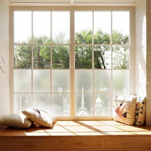 dktie Fensterfolie Sichtschutzfolie Dekorative Fensterfolie Mit Weiße Stadtgebäude Blickdichte Milchglasfolie Statisch haftend, Ohne Kleber, UV-Schutz, Sichtschutz, Blendschutz 90x200cm von Dktie