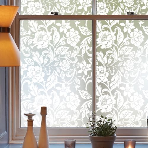 dktie Fensterfolie Sichtschutzfolie Dekorative Fensterfolie Mit Weißem Blumen und Reben Blickdichte Milchglasfolie Statisch haftend, Ohne Kleber, UV-Schutz, Sichtschutz, Blendschutz 44.5x200cm von Dktie