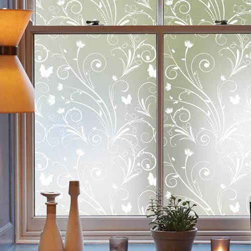 dktie Fensterfolie Sichtschutzfolie Dekorative Fensterfolie Mit Weißem Blumen und Reben Blickdichte Milchglasfolie Statisch haftend, Ohne Kleber, UV-Schutz, Sichtschutz, Blendschutz 44.5x200cm von Dktie