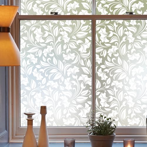 dktie Fensterfolie Sichtschutzfolie Dekorative Fensterfolie Mit Weißem Blumen und Reben Blickdichte Milchglasfolie Statisch haftend, Ohne Kleber, UV-Schutz, Sichtschutz, Blendschutz 44.5x200cm von Dktie