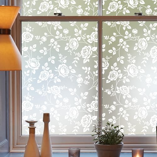 dktie Fensterfolie Sichtschutzfolie Dekorative Fensterfolie Mit Weißem Blumen und Reben Blickdichte Milchglasfolie Statisch haftend, Ohne Kleber, UV-Schutz, Sichtschutz, Blendschutz 90x200cm von Dktie