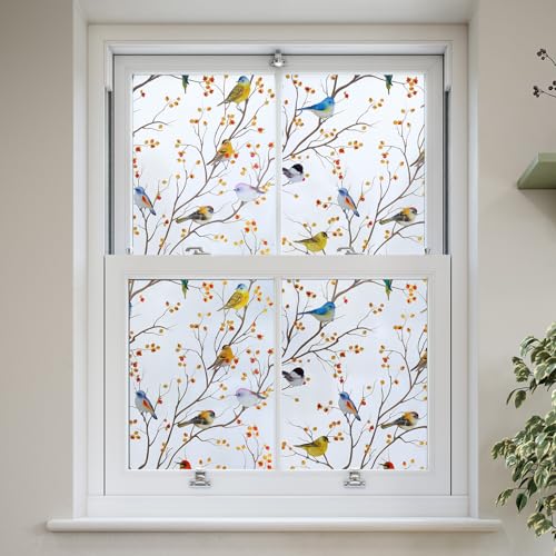 dktie Fensterfolie Sichtschutzfolie Fensteraufkleber mit Vogel und Zweig, Statisch Haftende Geeignet für Raumdekoration, Wohnzimmer, Badezimmer, Kinderzimmer 44,5 x 200 cm von Dktie