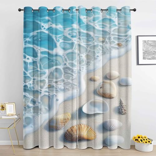 DlaQoryx Beach Vorhang Blickdicht, Ocean Muschel Meereswellen Vorhänge Mit ösen Blackout Curtain Thermo Vorhang Schlafzimmer Wohnzimmer Verdunklungsvorhänge 2er Set H 145 x B 140 cm von DlaQoryx