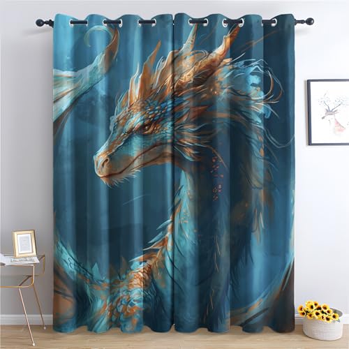 DlaQoryx Blauer Drache Vorhang Blickdichter Wikinger Tier Verdunklungsvorhänge, Mit ösen Polyester Deko Gardinen für Schlafzimmer Wohnzimmer, H 137 x B 117 cm Curtains 2er Set von DlaQoryx