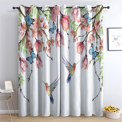 DlaQoryx Blickdichte Vorhänge Bunter Kolibri Vorhang, Thermovorhang Kälteschutz Gardinen Vogelblume Schmetterling Ösen Verdunkelungsvorhang für Schlafzimmer Wohnzimmer, 220x140 cm(Hxb) 2er Set von DlaQoryx
