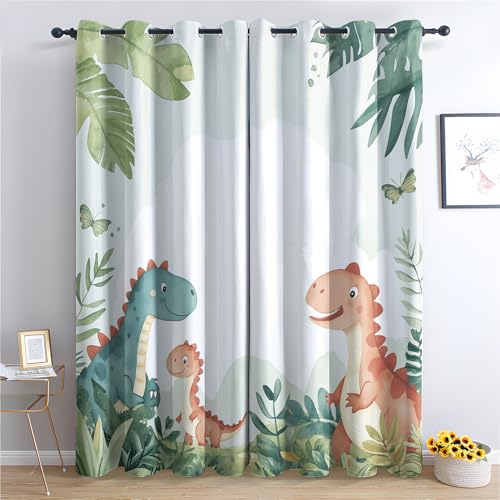 DlaQoryx Blickdichte Vorhänge Cartoon Dinosaurier Vorhang, Thermovorhang Kälteschutz Gardinen Jurassic Dinosaurier Ösen Verdunkelungsvorhang für Schlafzimmer Wohnzimmer, 145x140 cm(Hxb) 2er Set von DlaQoryx