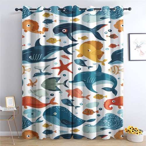 DlaQoryx Cartoon-Unterwasserwelt Vorhänge Mit ösen Wal Fisch Seestern Vorhang Verdunkelung, Schlafzimmer Wohnzimmer Deko Gardinen, 160x140 cm(HxB) Curtains 2er Set von DlaQoryx