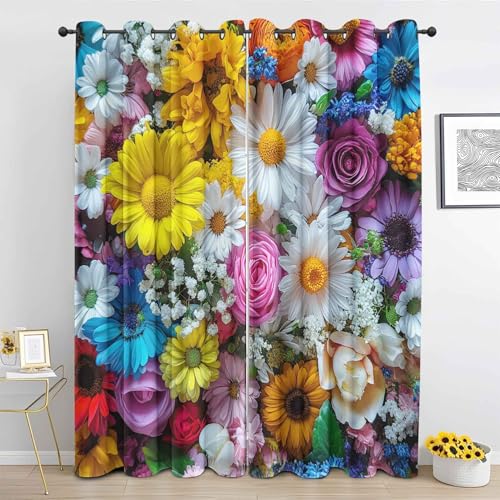 DlaQoryx Gänseblümchen Vorhang Blickdicht, Rose Blumen Frühlingsblumen Vorhänge Mit ösen Blackout Curtain Thermo Vorhang Schlafzimmer Wohnzimmer Verdunklungsvorhänge 2er Set H 145 x B 140 cm von DlaQoryx