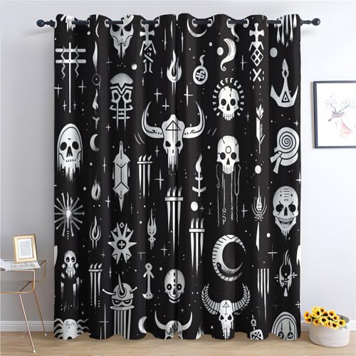 DlaQoryx Gotische Totenkopf Vorhang Blickdicht, Himmelskörper Retro-Stammes Vorhänge Mit ösen Blackout Curtain Thermo Vorhang Schlafzimmer Wohnzimmer Verdunklungsvorhänge 2er Set H 145 x B 140 cm von DlaQoryx