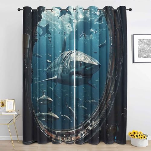 DlaQoryx Hai Vorhang Verdunkelung Unterwasserwelt Fisch Blickdichte Vorhänge, Gardinen Mit ösen Schlafzimmer Wohnzimmer Verdunklungsvorhänge 2er Set H 240 x B 132 cm von DlaQoryx
