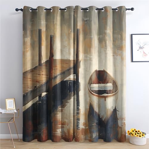 DlaQoryx Holzboot Vorhang Blickdicht Ölgemälde Boot Vorhänge Schlafzimmer, Wohnzimmer Blackout Curtain Mit ösen Thermovorhang Kälteschutz H 225 x B 140 cm 2er Set von DlaQoryx