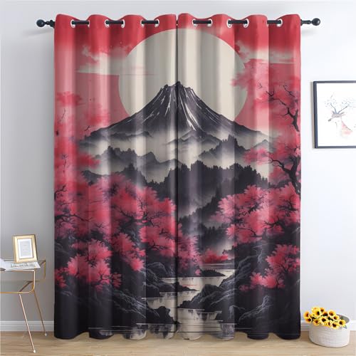 DlaQoryx Japanischer Berg Fuji Vorhang Blickdicht, Kirschblüten Landschaft Vorhänge Mit ösen Blackout Curtain Thermo Vorhang Schlafzimmer Wohnzimmer Verdunklungsvorhänge 2er Set H 145 x B 140 cm von DlaQoryx