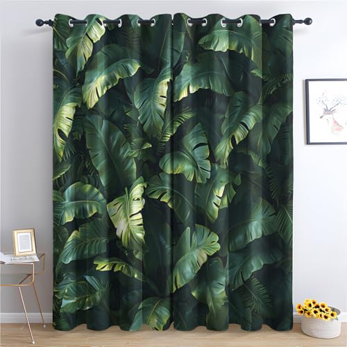 DlaQoryx Monstera Blatt Vorhang Verdunkelung Grüne Blätter Vorhänge Mit ösen, Schlafzimmer Wohnzimmer Deko Gardinen, 260x140 cm(HxB) Thermovorhang 2er Set von DlaQoryx