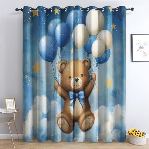 DlaQoryx Niedliche Bär Vorhang Verdunkelung Teddybär Blau Luftballons Sterne Blickdichte Vorhänge, Gardinen Mit ösen Schlafzimmer Wohnzimmer Thermovorhang Kälteschutz H 245 x B 140 cm 2er Set von DlaQoryx