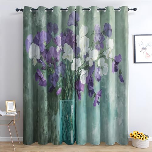 DlaQoryx Ölgemälde Blumen Vorhang Blickdicht Weiß Lila Orchidee Vorhänge Schlafzimmer, Wohnzimmer Blackout Curtain Mit ösen Thermovorhang Kälteschutz H 225 x B 140 cm 2er Set von DlaQoryx