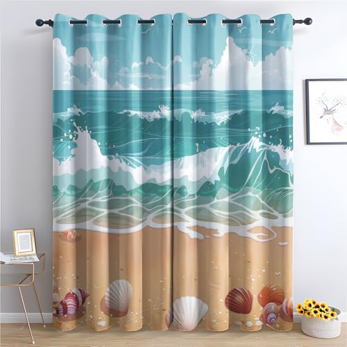 DlaQoryx Ocean Beach Verdunklungsvorhänge Wellen Muschel Thermovorhang Kälteschutz, Vorhang Blickdicht Schlafzimmer Wohnzimmer Gardinen Mit ösen H 200 x B 140 cm 2er Set von DlaQoryx