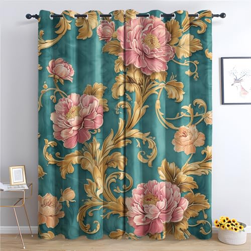 DlaQoryx Retro Blumen Vorhangverdunkelung, Blumig Botanisch Barock Vorhänge Wohnzimmer Schlafzimmer Gardinen Mit ösen Thermovorhang Kälteschutz, H 220 x B 140 cm 2er Set von DlaQoryx