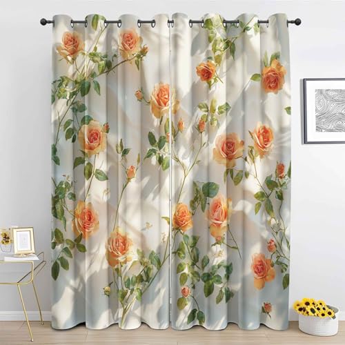 DlaQoryx Rose Blumen Vorhang Verdunkelung Orange Blumig Romantisch Blickdichte Vorhänge, Gardinen Mit ösen Schlafzimmer Wohnzimmer Verdunklungsvorhänge 2er Set H 240 x B 132 cm von DlaQoryx