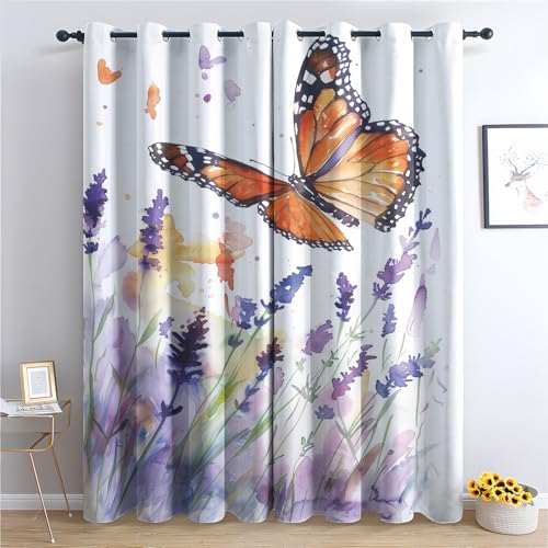 DlaQoryx Schmetterling Blickdichte Vorhänge, Aquarell Lila Lavendel Blumen Verdunklungsvorhänge 2er Set Gardinen Mit ösen Schlafzimmer Wohnzimmer Thermovorhang Kälteschutz H 260 x B 140 cm von DlaQoryx