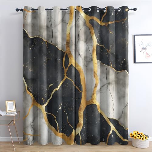 DlaQoryx Schwarz Grau Gold Marmor Vorhänge Mit ösen Modern Luxus Vorhang Verdunkelung, Schlafzimmer Wohnzimmer Deko Gardinen, 200x140 cm(HxB) Thermovorhang 2er Set von DlaQoryx