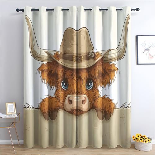 DlaQoryx Süße Hochlandrind Blickdichte Vorhänge, Cowboyhut Tiere Wilder Westen Verdunklungsvorhänge 2er Set Gardinen Mit ösen Schlafzimmer Wohnzimmer Thermovorhang Kälteschutz H 175 x B 140 cm von DlaQoryx