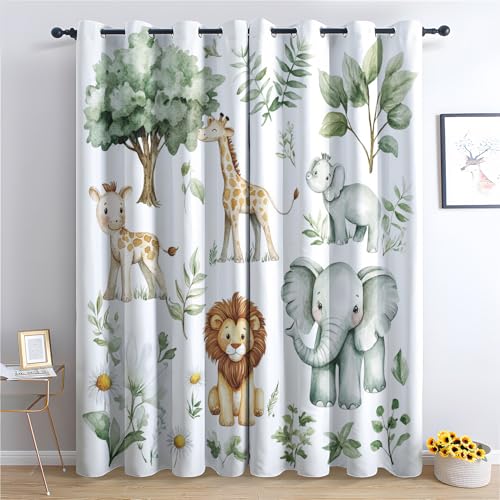 DlaQoryx Vorhang Verdunkelung Safari Tier Blickdichte Vorhänge Cartoon Giraffen Löwen Elefanten Gardinen, Thermovorhang Kälteschutz Ösen Vorhang für Schlafzimmer Wohnzimmer, 160x140 cm(Hxb) 2er Set von DlaQoryx