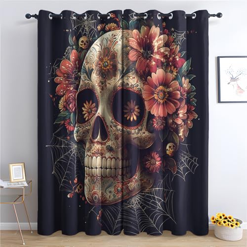 DlaQoryx Vorhang Verdunkelung Zuckerschädel Blickdichte Vorhänge Totenkopf Blumen Gardinen, Thermovorhang Kälteschutz Ösen Vorhang für Schlafzimmer Wohnzimmer, 260x140 cm(Hxb) 2er Set von DlaQoryx
