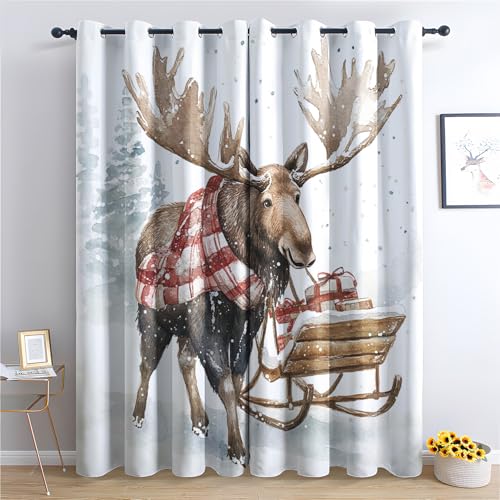 DlaQoryx Weihnachten Rentier Vorhänge Mit ösen Weihnachtsbaum Geschenke Vorhang Verdunkelung, Schlafzimmer Wohnzimmer Deko Gardinen, 245x140 cm(HxB) Thermovorhang 2er Set von DlaQoryx