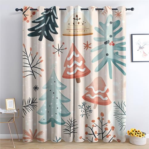 DlaQoryx Weihnachtsbaum Vorhänge Mit ösen Weihnachten Cartoon Winter Schneeflocken Vorhang Verdunkelung, Schlafzimmer Wohnzimmer Deko Gardinen, 160x140 cm(HxB) Curtains 2er Set von DlaQoryx