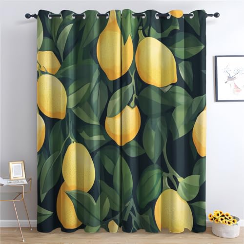 DlaQoryx Zitronen Vorhang Verdunkelung Tropische Frucht Grüne Blätter Vorhänge Mit ösen, Schlafzimmer Wohnzimmer Deko Gardinen, 175x140 cm(HxB) Thermovorhang 2er Set von DlaQoryx