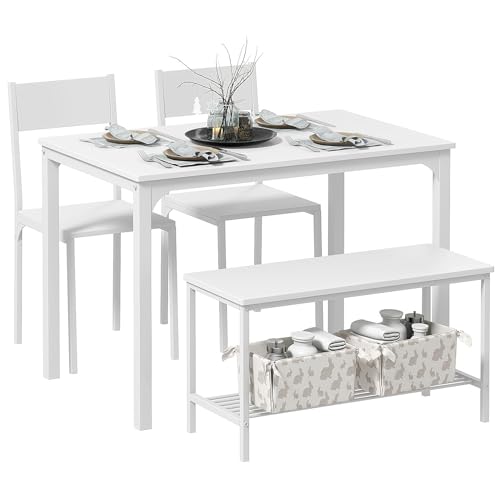 DlandHome 4-teiliges Set Esstisch mit 2 Stühlen & 1 Bank Küchenmöbelset aus Holz und Stahlgestell Weiß von DlandHome