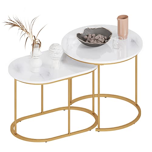 DlandHome Couchtische 2er-Set Industrieller Couchtisch Stil Lackierter Couchtisch für Wohnzimmer, Sofa-Enden Beistelltisch mit vergoldetem Metallfuß, Marmorierung von DlandHome