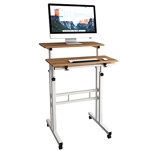 DlandHome Stehpult Laptoptisch Höhenverstellbar mit Rollen Büro Stehtisch Beistelltisch Betttisch auf Rollen Höhenverstellbar von 70 bis 115CM computertisch mit Rollen Mobile Schreibtisch, Eiche von DlandHome