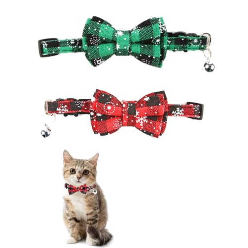 Weihnachtliches kariertes Katzenhalsband, Weihnachts-Katzenhalsband mit Fliege und Glöckchen, Weihnachts-Katzenhalsband, Schnellverschluss, Sicherheits-Halsbänder, verstellbare Haustierhalsbänder für von Dlicsy