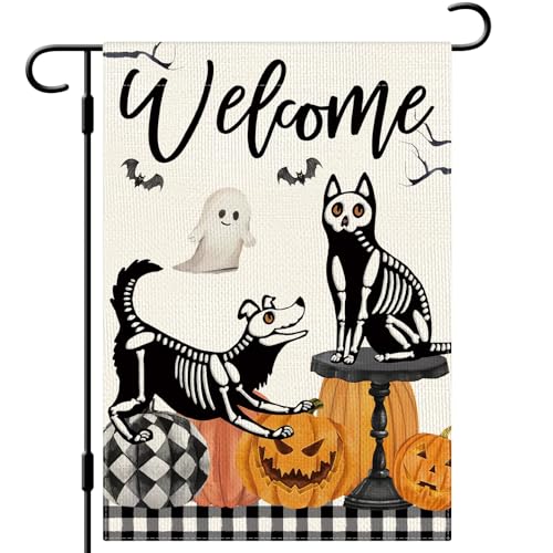 DLZDN Halloween-Flagge für Katzen und Hunde, Geisterkürbisse, 30,5 x 45,7 cm, doppelseitig, vertikal, Jute, Bauernhaus, Hof, Urlaub, saisonale Outdoor-Hausdekoration DLZDN Halloween-Flagge für Katzen und Hunde, Geisterkürbisse, 30,5 x 45,7 cm, doppelseitig, vertikal, Jute, Bauernhaus, Hof, Urlaub, saisonale Outdoor-Hausdekoration von Dlzdn