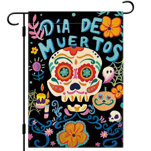 DLZDN Halloween-Gartenflagge "Tag der Toten", Dia De Los Muertos, Tanzschädel-Flagge, Jute, Bauernhaus, Hof, Schild, Urlaub, saisonale Outdoor-Hausdekoration von Dlzdn