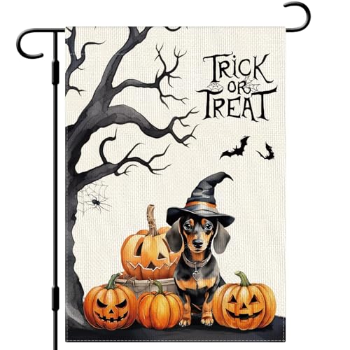 DLZDN Halloween-Hunde-Gartenflagge, Süßes oder Saures, Dackel, Hund, Kürbisse, Flagge, 30,5 x 45,7 cm, doppelseitig, vertikal, Jute, Bauernhaus, Hof, Urlaub, saisonale Outdoor-Hausdekoration DLZDN Halloween-Hunde-Gartenflagge, Süßes oder Saures, Dackel, Hund, Kürbisse, Flagge, 30,5 x 45,7 cm, doppelseitig, vertikal, Jute, Bauernhaus, Hof, Urlaub, saisonale Outdoor-Hausdekoration von Dlzdn
