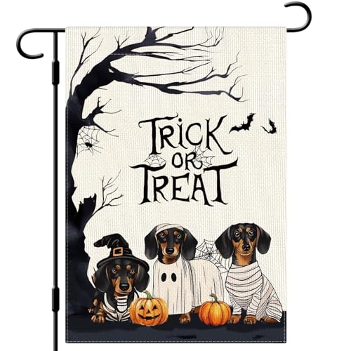 DLZDN Halloween-Hunde-Gartenflagge, Süßes oder Saures Dackel, Geisterflagge, 30,5 x 45,7 cm, doppelseitig, vertikal, Jute, Bauernhaus, Hofschild, Urlaub, saisonale Outdoor-Hausdekoration DLZDN Halloween-Hunde-Gartenflagge, Süßes oder Saures Dackel, Geisterflagge, 30,5 x 45,7 cm, doppelseitig, vertikal, Jute, Bauernhaus, Hofschild, Urlaub, saisonale Outdoor-Hausdekoration von Dlzdn