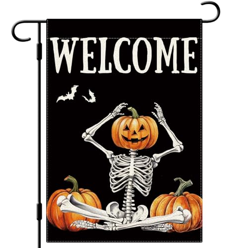 DLZDN Halloween-Skelett-Gartenflagge, lustiger Horror-Totenkopf-Kürbis-Flagge, 30,5 x 45,7 cm, doppelseitig, vertikal, Jute, Bauernhaus, Hofschild, Urlaub, saisonale Willkommensdekoration für den DLZDN Halloween-Skelett-Gartenflagge, lustiger Horror-Totenkopf-Kürbis-Flagge, 30,5 x 45,7 cm, doppelseitig, vertikal, Jute, Bauernhaus, Hofschild, Urlaub, saisonale Willkommensdekoration für den von Dlzdn