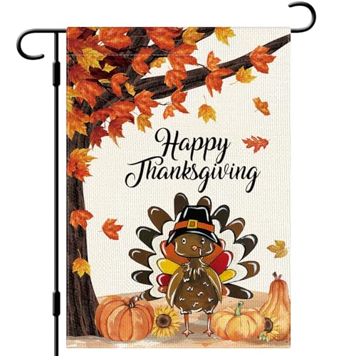 DLZDN Happy Thanksgiving Gartenflagge Herbst Türkei Kürbisse Flagge 30,5 x 45,7 cm doppelseitig vertikal Sackleinen Bauernhaus Hofschild Herbst Urlaub Outdoor Haus Dekoration von Dlzdn