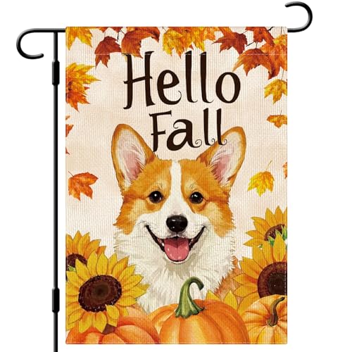DLZDN Hello Fall Hund Gartenflagge Corgi Kürbisse Sonnenblume Flagge 30,5 x 45,7 cm doppelseitig vertikal Sackleinen Bauernhaus Hofschild Herbst saisonale Outdoor-Hausdekoration von Dlzdn