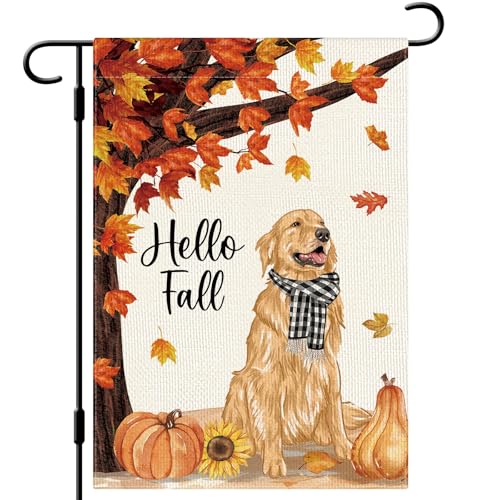 DLZDN Hello Fall Hund Gartenflagge Golden Retriever Kürbisse Ahornblätter Flagge 30,5 x 45,7 cm doppelseitig vertikal Sackleinen Bauernhaus Hofschild Herbst saisonale Outdoor-Hausdekoration von Dlzdn