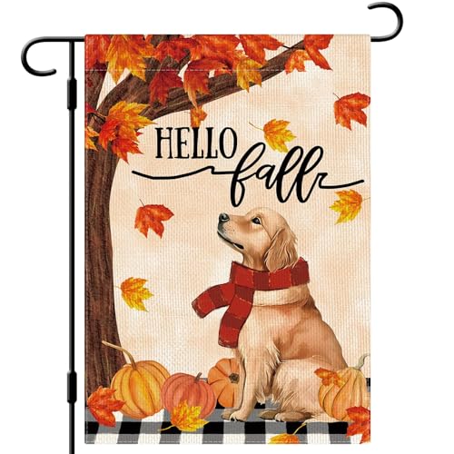 DLZDN Hello Fall Hund Gartenflagge Golden Retriever Kürbisse Flagge 30,5 x 45,7 cm doppelseitig vertikal Sackleinen Bauernhaus Hofschild Herbst saisonale Outdoor-Hausdekoration von Dlzdn
