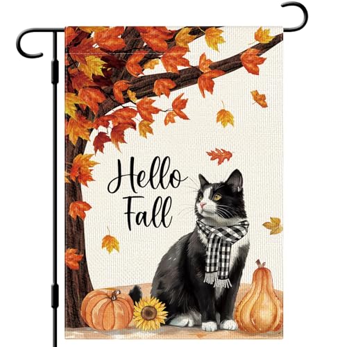 DLZDN Hello Fall Katze Gartenflagge Kürbisse Ahornblätter Flagge 30,5 x 45,7 cm doppelseitig vertikal Sackleinen Bauernhaus Hofschild Herbst saisonale Outdoor-Hausdekoration von Dlzdn