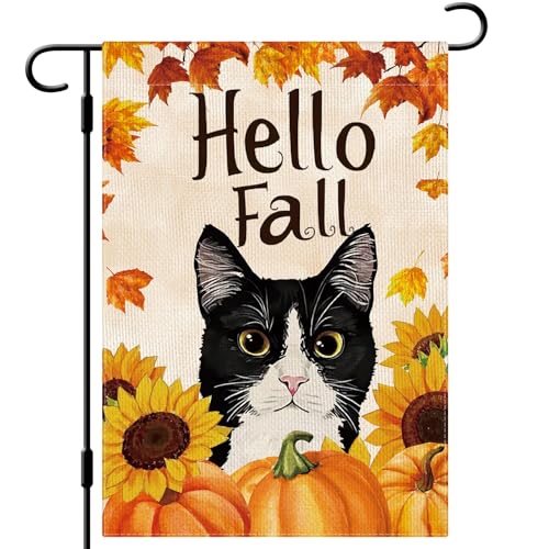 DLZDN Hello Fall Katze Gartenflagge Kürbisse Sonnenblume Flagge 30,5 x 45,7 cm doppelseitig vertikal Sackleinen Bauernhaus Hofschild Herbst saisonale Outdoor-Hausdekoration von Dlzdn