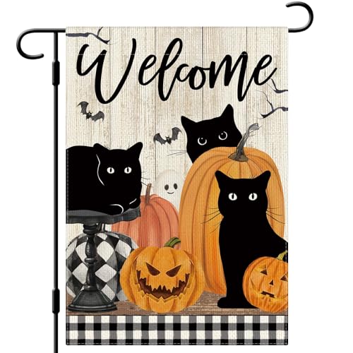 DLZDN Willkommens-Halloween-Katzen-Gartenflagge, schwarze Katze, Kürbisse, Flagge, 30,5 x 45,7 cm, doppelseitig, vertikal, Jute, Bauernhaus, Hof, Urlaub, saisonale Outdoor-Hausdekoration DLZDN Willkommens-Halloween-Katzen-Gartenflagge, schwarze Katze, Kürbisse, Flagge, 30,5 x 45,7 cm, doppelseitig, vertikal, Jute, Bauernhaus, Hof, Urlaub, saisonale Outdoor-Hausdekoration von Dlzdn