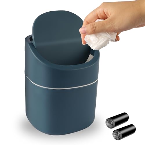 Desktop-Mülleimer, 2L Klein Tischmülleimer, Tragbar Tischmülleimer mit 2 Rollen Müllsäcke, Kompaktes Design Mini Mülleimer, Geeignet für Schminktische, Schreibtische, Nachttische, Schlafzimmer (Blau) von Dmkohi