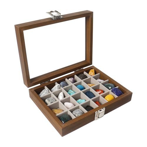 Dmnnlp 24 Grids Rock Display Case, hölzerne Rock Collection Box mit klarem Glasdeckel, Storage Display Boxen für Sammlerstücke Edelstein Fossil Kristall Stein Schmuck (Dunkelbraun) von Dmnnlp