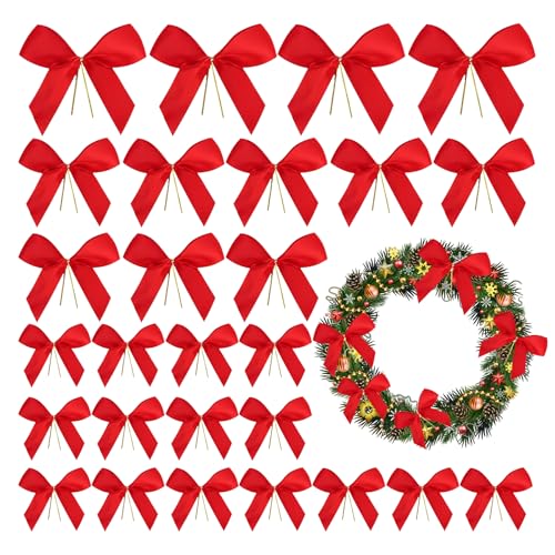 Dmnnlp 36 Stück Weihnachtsschleifen, Weihnachtsbaum Schleifen mit Goldenen Krawatten, Rote Weihnachtsbaum Schleifen, Weihnachtsbaum Deko Schleifen für Weihnachten Hochzeit Urlaub Feierlichkeiten von Dmnnlp